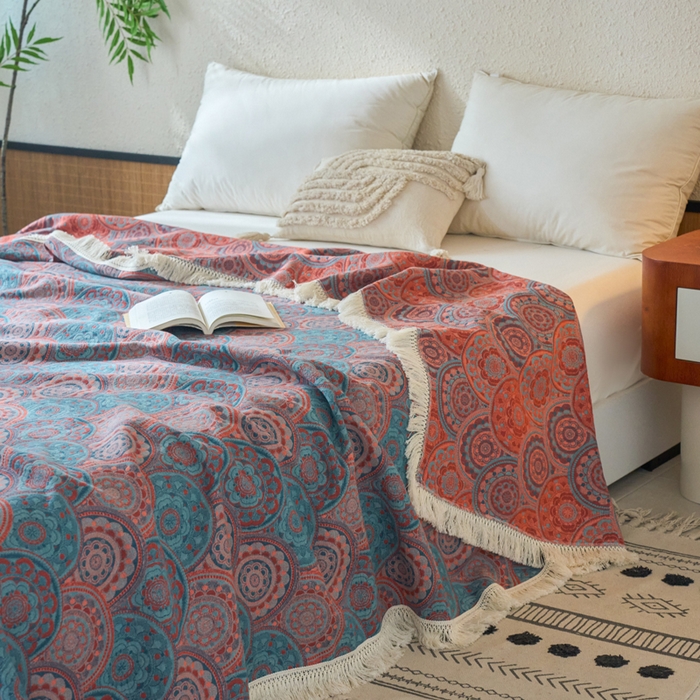 91家纺网 家纺一手货源 找家纺 春皖家纺 2025新款棉麻大提花三层纱多功能盖毯毯子 归客