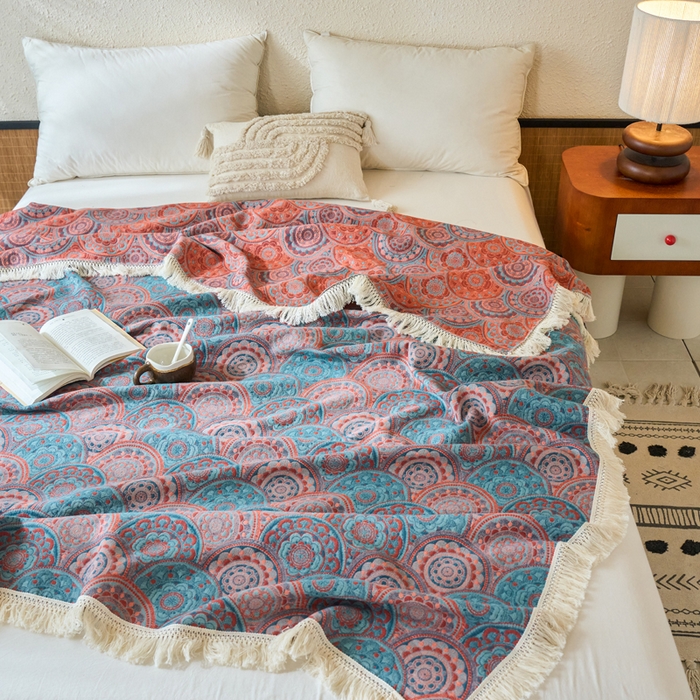 91家纺网 家纺一手货源 找家纺 春皖家纺 2025新款棉麻大提花三层纱多功能盖毯毯子 归客