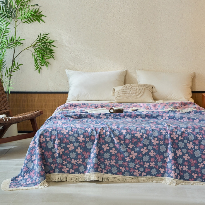 91家纺网 家纺一手货源 找家纺 春皖家纺 2025新款棉麻大提花三层纱多功能盖毯毯子 山舍