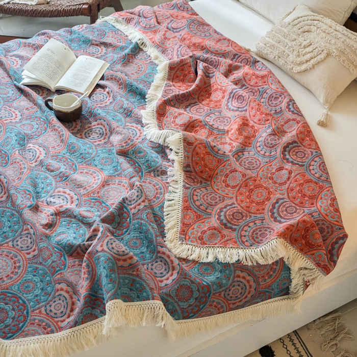 91家纺网 家纺一手货源 找家纺 春皖家纺 2025新款棉麻大提花三层纱多功能盖毯毯子 归客