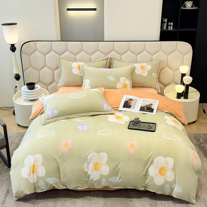 91家纺网 家纺一手货源 找家纺 喜四方 2025新款超细旦婴儿宝宝绒印花四件套 初心-绿