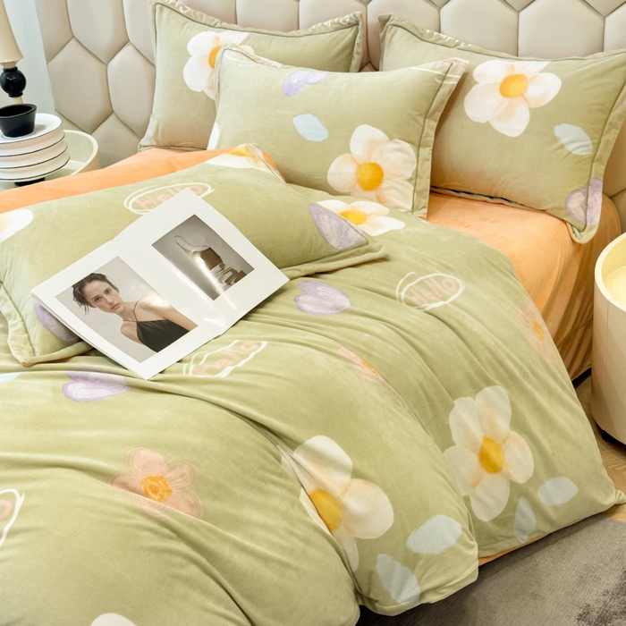 91家纺网 家纺一手货源 找家纺 喜四方 2025新款超细旦婴儿宝宝绒印花四件套 初心-绿