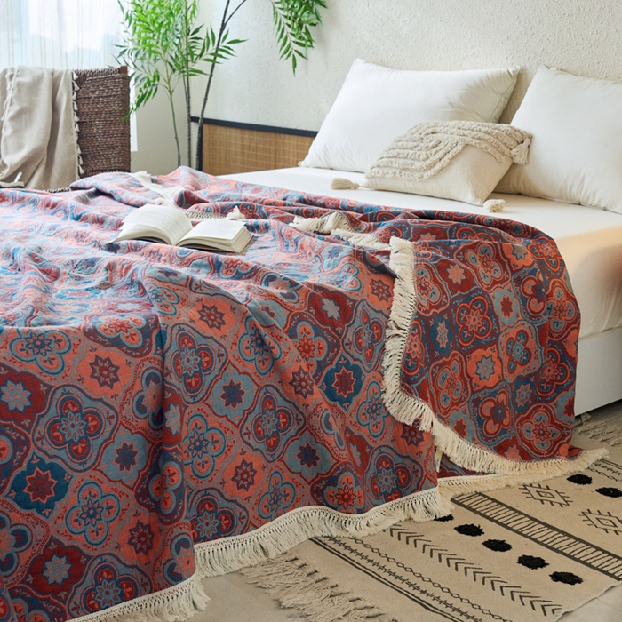 91家纺网 家纺一手货源 找家纺 春皖家纺 2025新款棉麻大提花三层纱多功能盖毯毯子 云溪