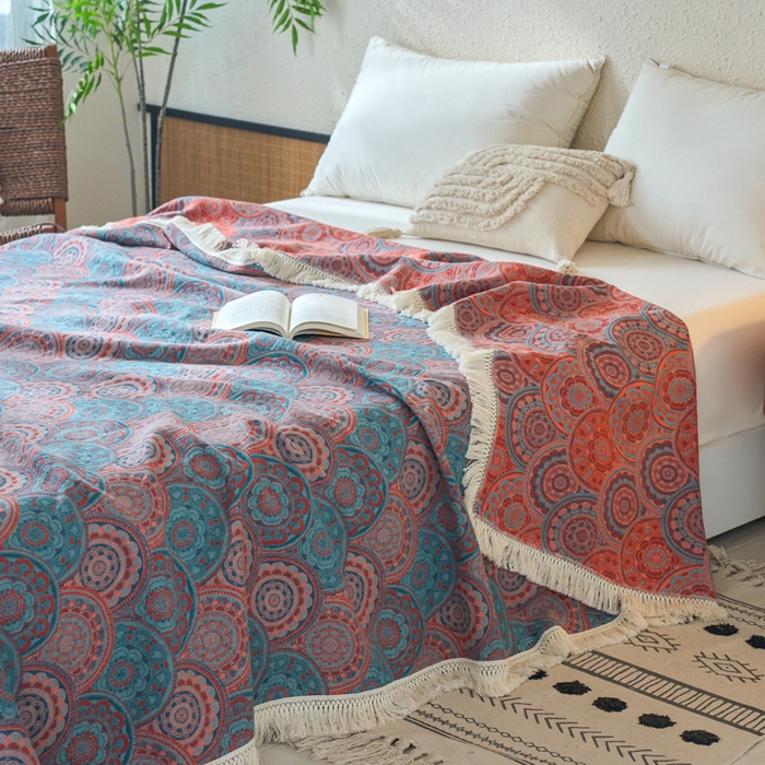 91家纺网 家纺一手货源 找家纺 （总）春皖家纺 2025新款棉麻大提花三层纱多功能盖毯毯子