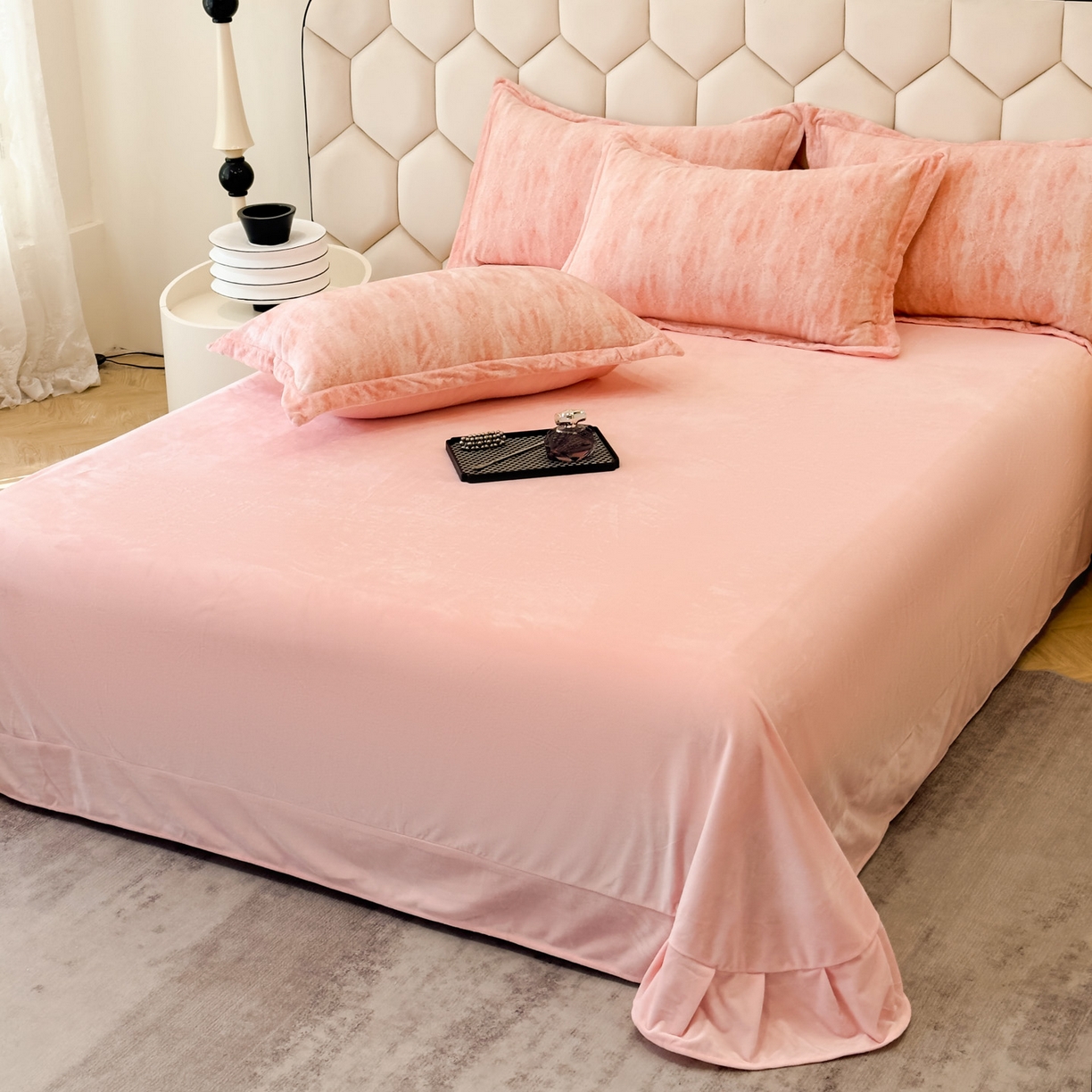 91家纺网 家纺一手货源 找家纺 喜四方 2025新款超细旦婴儿宝宝绒印花四件套 德芙-粉