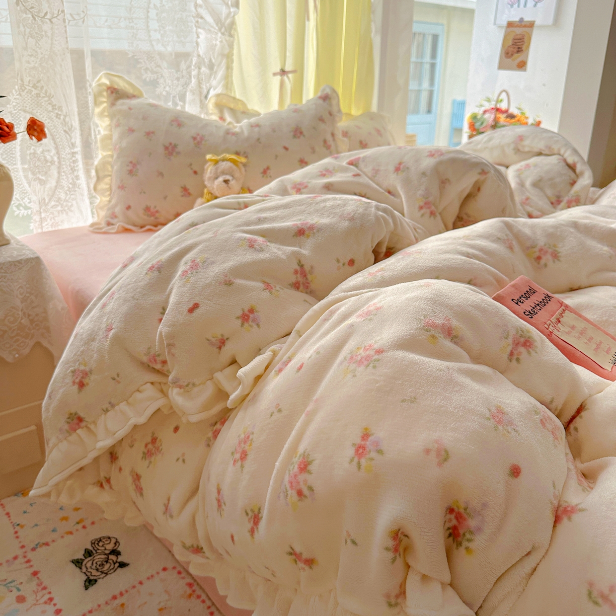 老K (原美阁） 25年新款A类200克花边款牛奶绒四件套蝴蝶结韩版牛奶绒  奶油小花