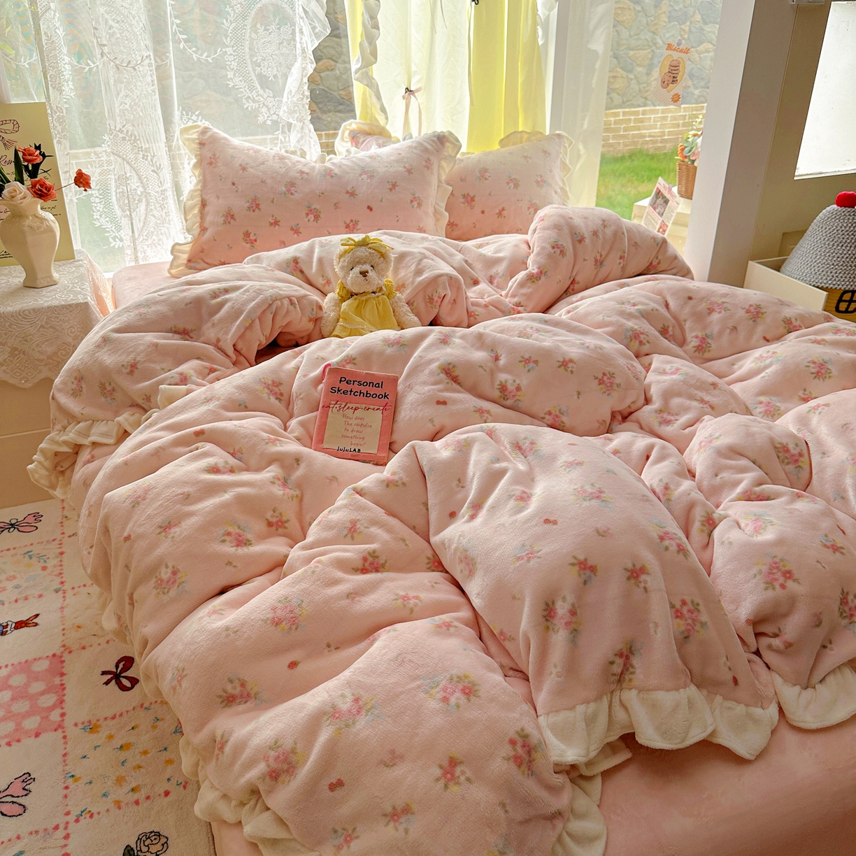 91家纺网 家纺一手货源 找家纺 （总）老K (原美阁） 25年新款A类200克花边款牛奶绒四件套蝴蝶结韩版牛奶绒 