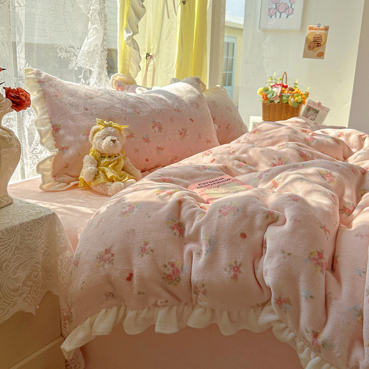 91家纺网 家纺一手货源 找家纺 （总）老K (原美阁） 25年新款A类200克花边款牛奶绒四件套蝴蝶结韩版牛奶绒 