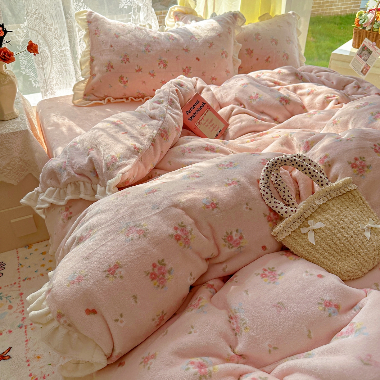 91家纺网 家纺一手货源 找家纺 （总）老K (原美阁） 25年新款A类200克花边款牛奶绒四件套蝴蝶结韩版牛奶绒 