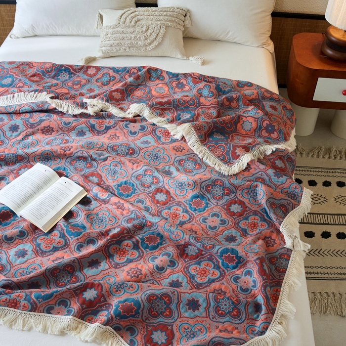 91家纺网 家纺一手货源 找家纺 春皖家纺 2025新款棉麻大提花三层纱多功能盖毯毯子 云溪