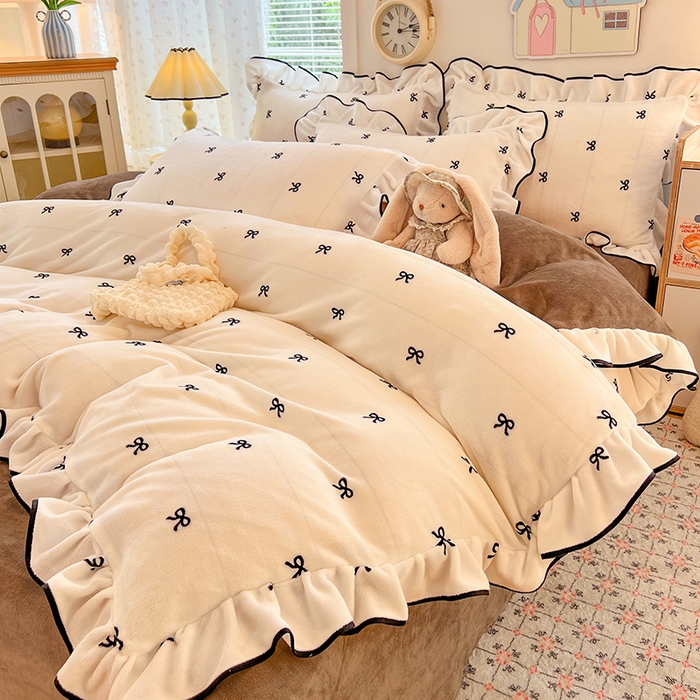 HL原创 2025新款亲肤舒适韩版温暖牛奶绒四件套-花边款 花边款-蝴蝶结