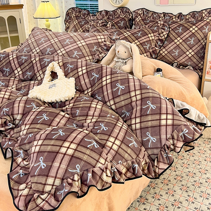 HL原创 2025新款亲肤舒适韩版温暖牛奶绒四件套-花边款 花边款-美拉德格子