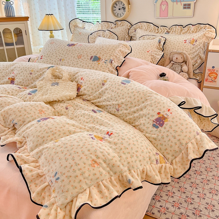 HL原创 2025新款亲肤舒适韩版温暖牛奶绒四件套-花边款 花边款-甜心小兔