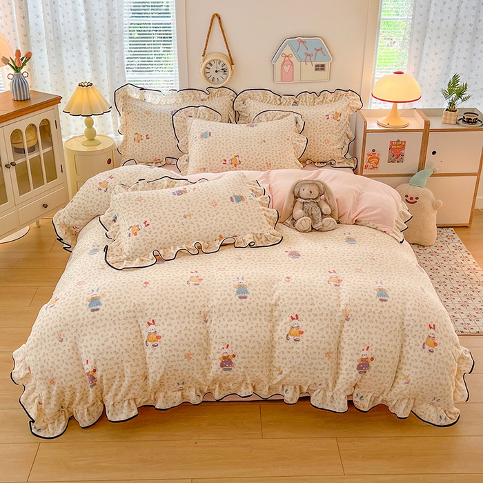 91家纺网 家纺一手货源 找家纺 HL原创 2025新款亲肤舒适韩版温暖牛奶绒四件套-花边款 花边款-甜心小兔