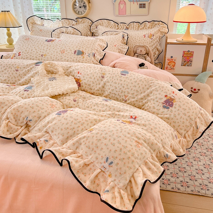 91家纺网 家纺一手货源 找家纺 HL原创 2025新款亲肤舒适韩版温暖牛奶绒四件套-花边款 花边款-甜心小兔