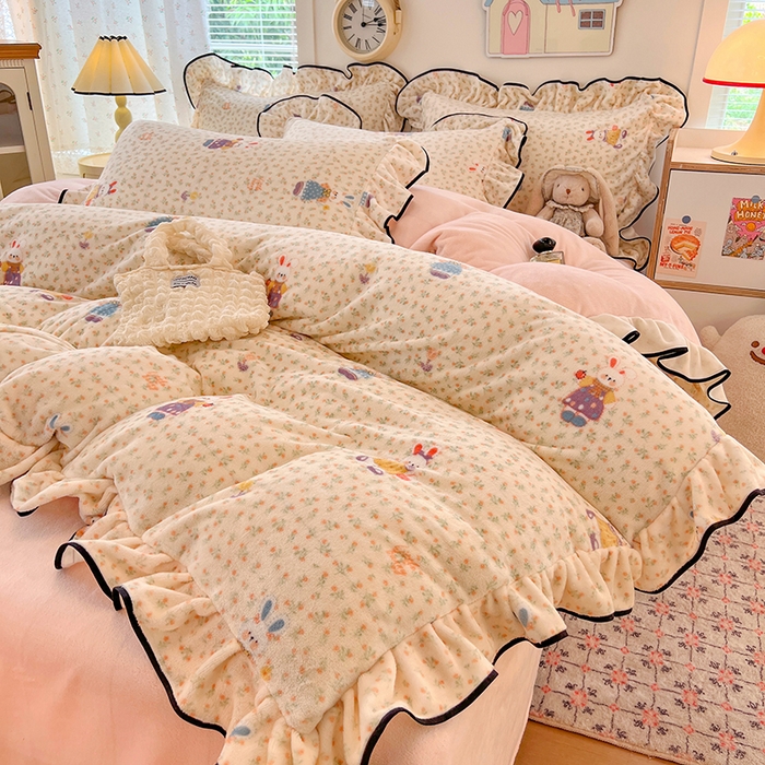 91家纺网 家纺一手货源 找家纺 HL原创 2025新款亲肤舒适韩版温暖牛奶绒四件套-花边款 花边款-甜心小兔