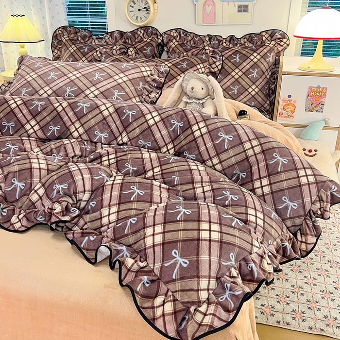 91家纺网 家纺一手货源 找家纺 HL原创 2025新款亲肤舒适韩版温暖牛奶绒四件套-花边款 花边款-美拉德格子