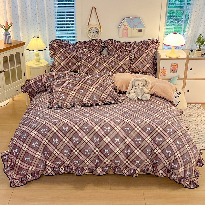 91家纺网 家纺一手货源 找家纺 HL原创 2025新款亲肤舒适韩版温暖牛奶绒四件套-花边款 花边款-美拉德格子