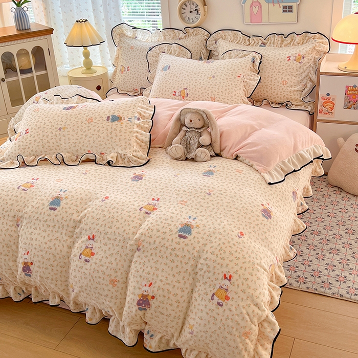 91家纺网 家纺一手货源 找家纺 HL原创 2025新款亲肤舒适韩版温暖牛奶绒四件套-花边款 花边款-甜心小兔