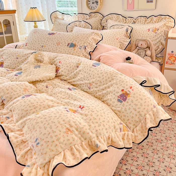 91家纺网 家纺一手货源 找家纺 HL原创 2025新款亲肤舒适韩版温暖牛奶绒四件套-花边款 花边款-甜心小兔