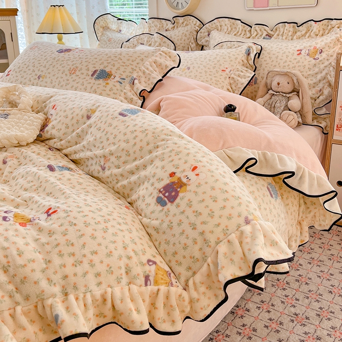 91家纺网 家纺一手货源 找家纺 HL原创 2025新款亲肤舒适韩版温暖牛奶绒四件套-花边款 花边款-甜心小兔