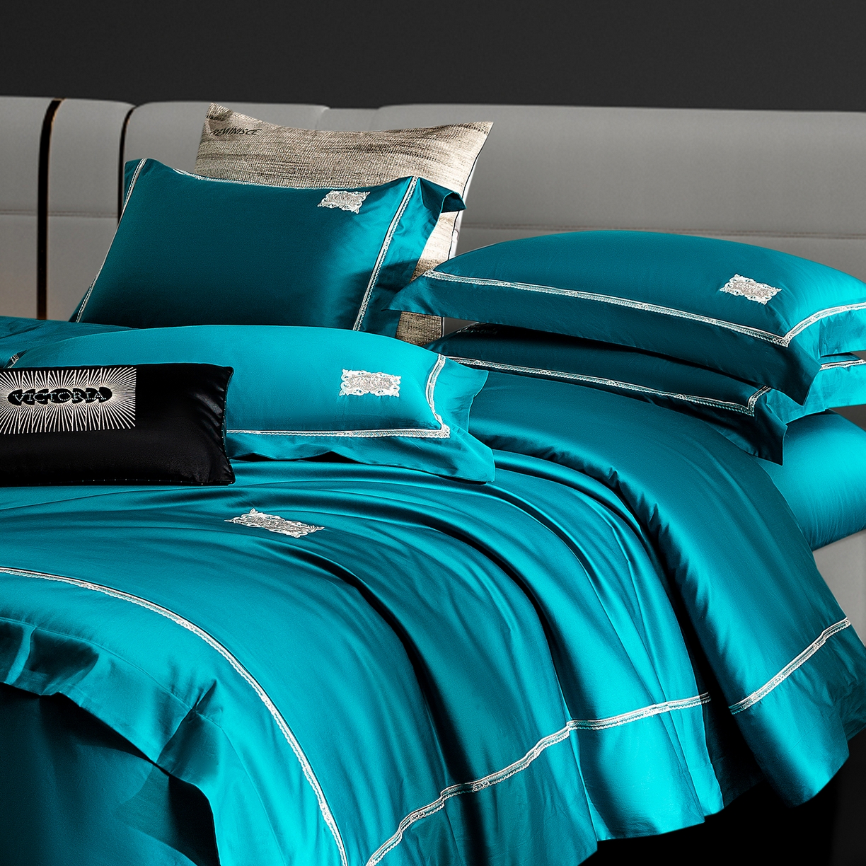 玖玖爱家纺 2025新款180支植物甑棉罗卡芙刺绣系列四件套 皇家蓝