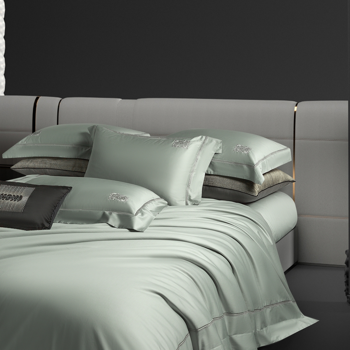 玖玖爱家纺 2025新款180支植物甑棉罗卡芙刺绣系列四件套 山脉青