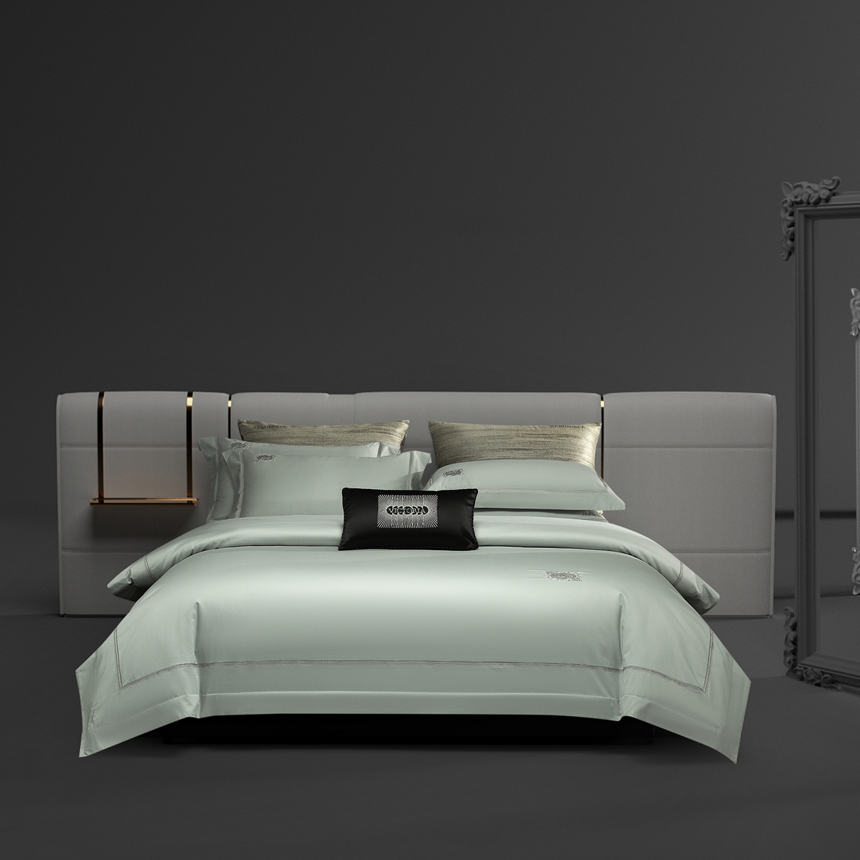 91家纺网 家纺一手货源 找家纺 玖玖爱家纺 2025新款180支植物甑棉罗卡芙刺绣系列四件套 山脉青