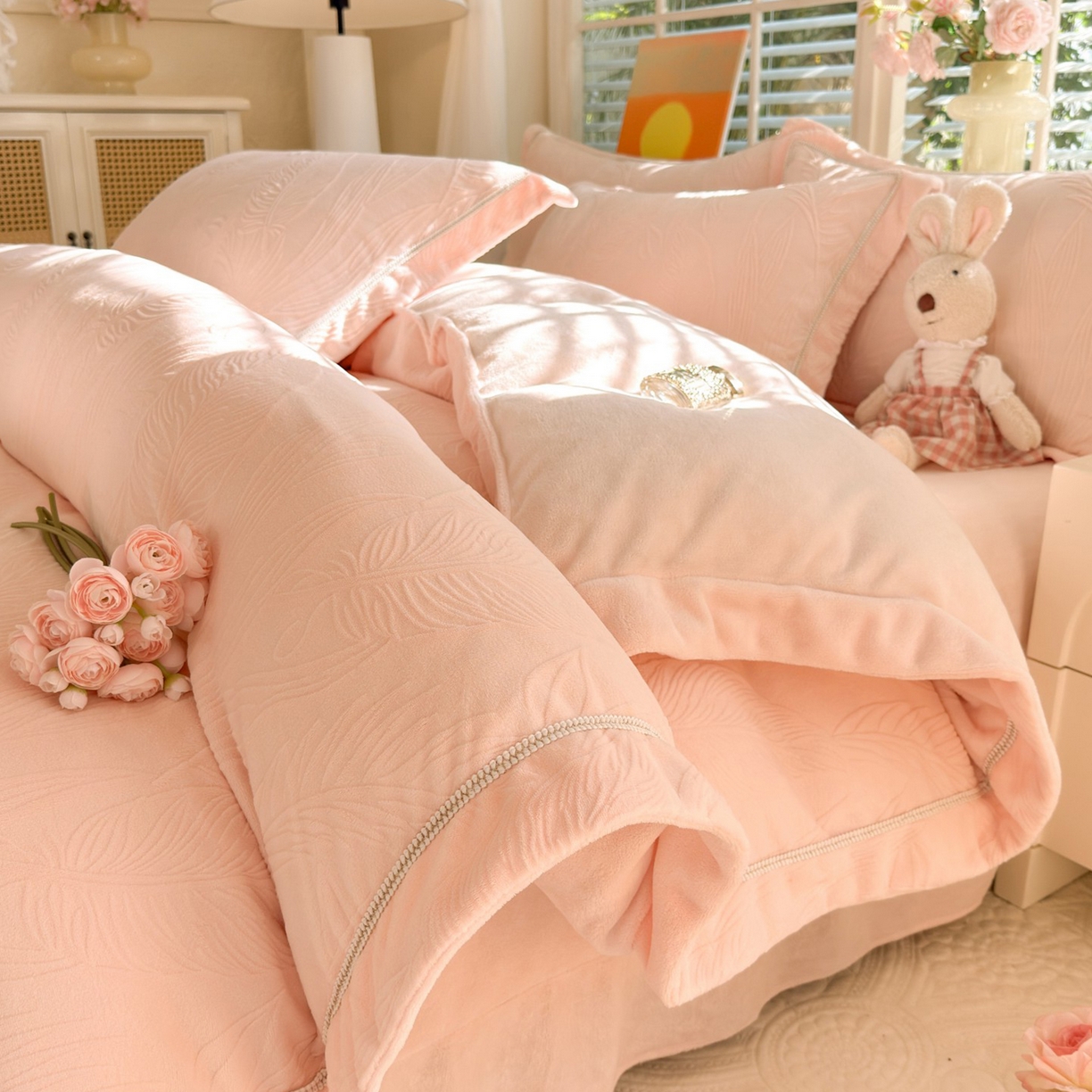 91家纺网 家纺一手货源 找家纺 （总）艾唯希家纺 2025新款全消光雕花绒织带款四件套牛奶绒-雕花织带系列