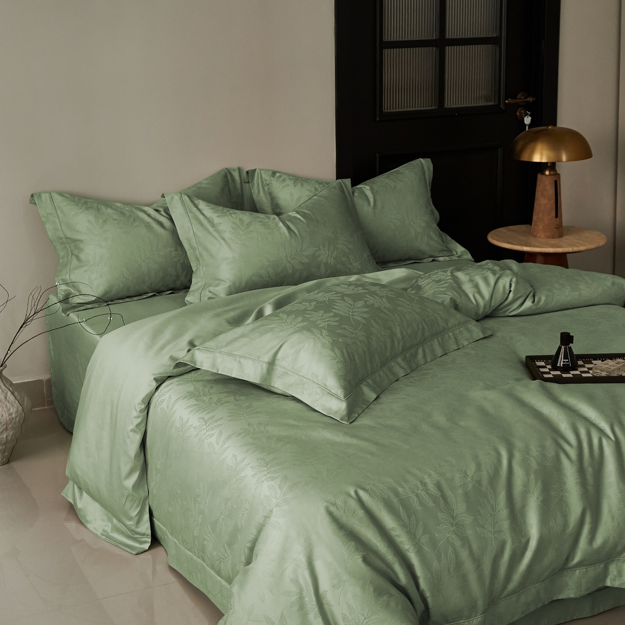 91家纺网 家纺一手货源 找家纺 顾家家居 2025新款亲肤舒适全棉纯棉提花四件套 晨韵--水漾绿