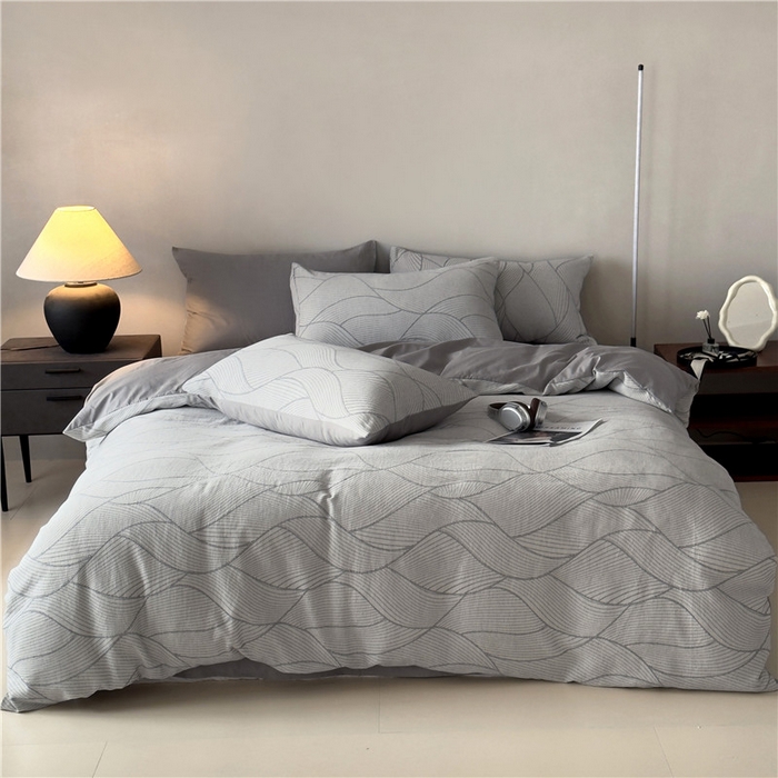 91家纺网 家纺一手货源 找家纺 琪格格纺织 2025新款全棉纯棉双层纱提花四件套 双层纱-雾切-灰