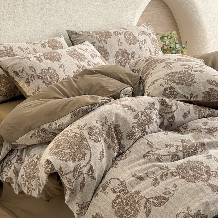 91家纺网 家纺一手货源 找家纺 琪格格纺织 2025新款全棉纯棉双层纱提花四件套 双层纱-蔓春咖