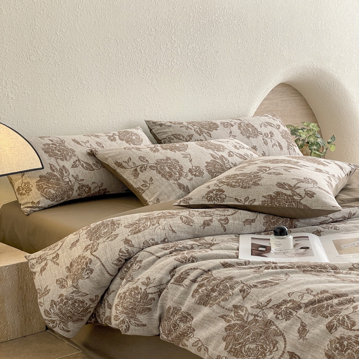 91家纺网 家纺一手货源 找家纺 琪格格纺织 2025新款全棉纯棉双层纱提花四件套 双层纱-蔓春咖