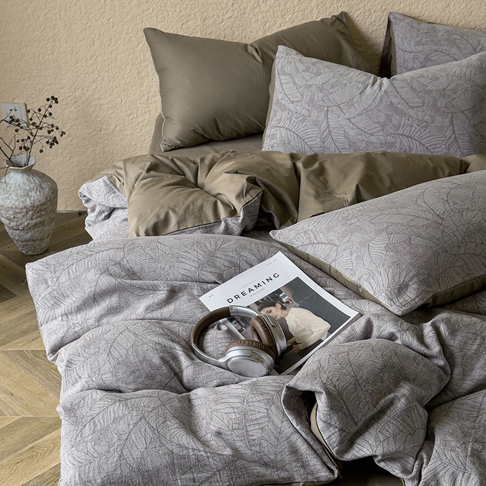 91家纺网 家纺一手货源 找家纺 琪格格纺织 2025新款全棉纯棉双层纱提花四件套 双层纱-芭蕉叶-棕