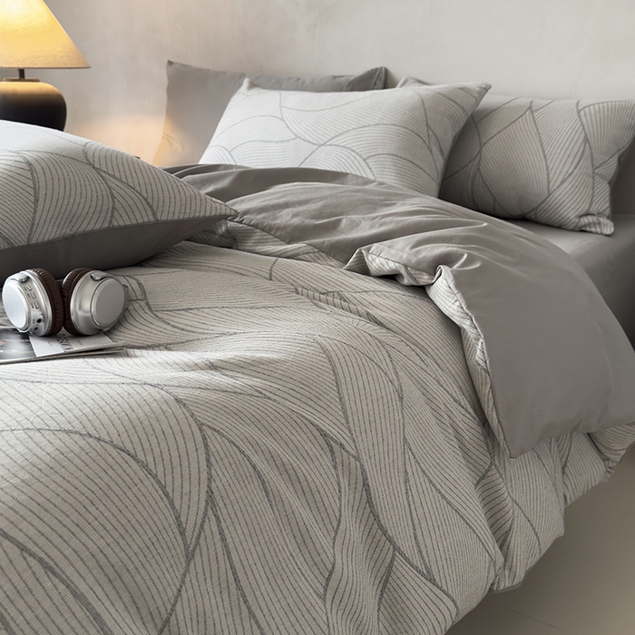 91家纺网 家纺一手货源 找家纺 琪格格纺织 2025新款全棉纯棉双层纱提花四件套 双层纱-雾切-灰