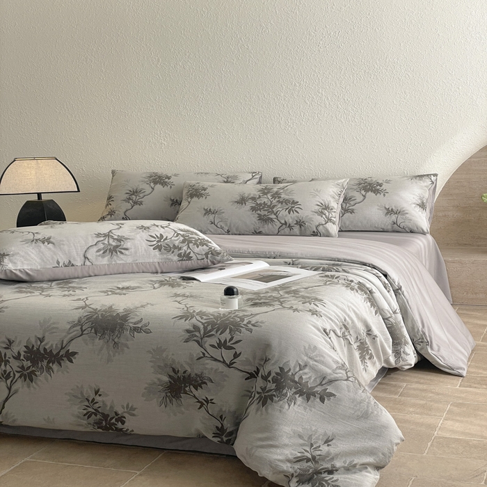 91家纺网 家纺一手货源 找家纺 琪格格纺织 2025新款全棉纯棉双层纱提花四件套 双层纱-南枝灰