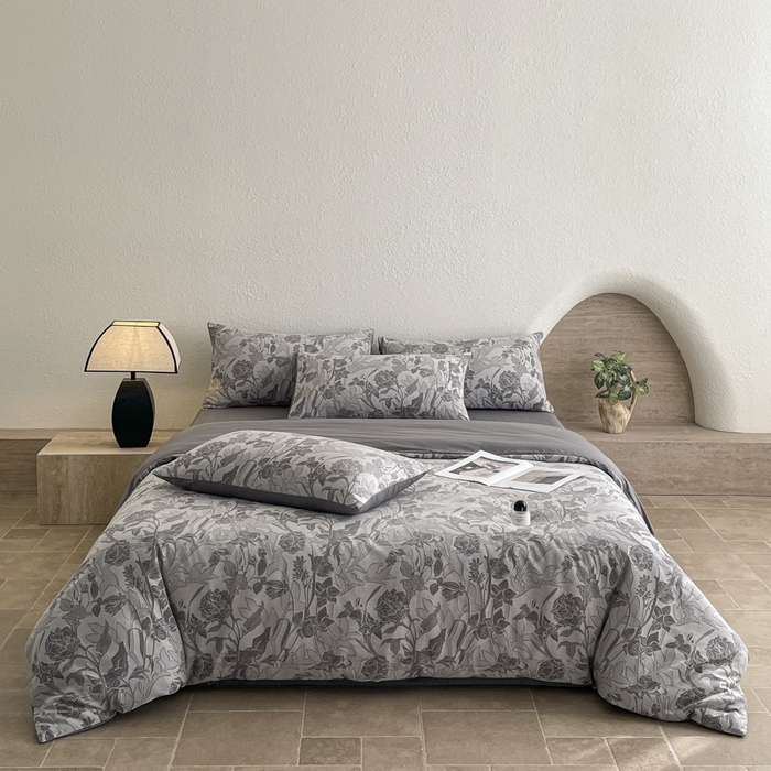 91家纺网 家纺一手货源 找家纺 琪格格纺织 2025新款全棉纯棉双层纱提花四件套 双层纱-洛丽塔灰