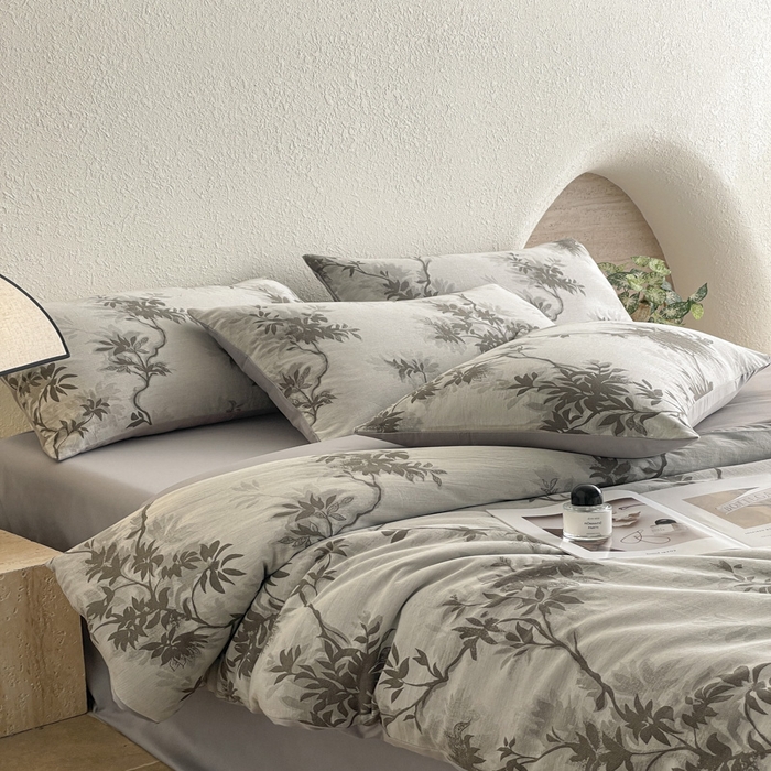 91家纺网 家纺一手货源 找家纺 琪格格纺织 2025新款全棉纯棉双层纱提花四件套 双层纱-南枝灰