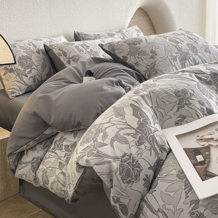 91家纺网 家纺一手货源 找家纺 琪格格纺织 2025新款全棉纯棉双层纱提花四件套 双层纱-洛丽塔灰