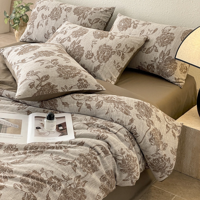 91家纺网 家纺一手货源 找家纺 琪格格纺织 2025新款全棉纯棉双层纱提花四件套 双层纱-蔓春咖