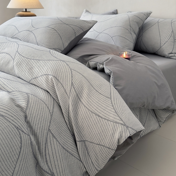 91家纺网 家纺一手货源 找家纺 琪格格纺织 2025新款全棉纯棉双层纱提花四件套 双层纱-雾切-灰