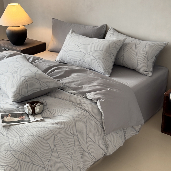 91家纺网 家纺一手货源 找家纺 琪格格纺织 2025新款全棉纯棉双层纱提花四件套 双层纱-雾切-灰