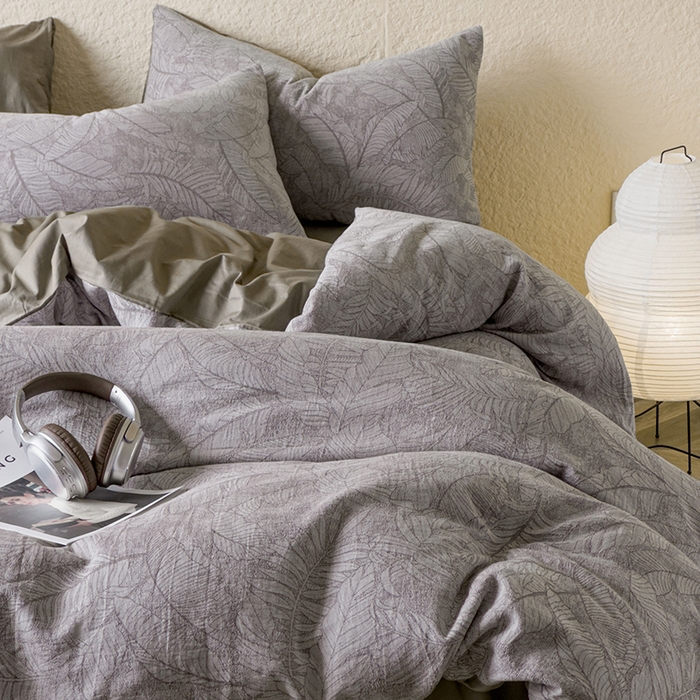 91家纺网 家纺一手货源 找家纺 琪格格纺织 2025新款全棉纯棉双层纱提花四件套 双层纱-芭蕉叶-棕