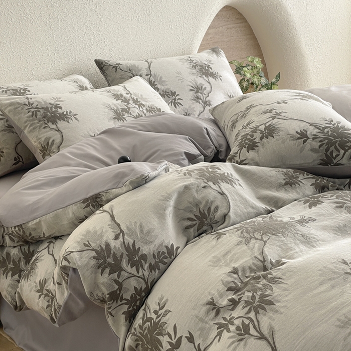 91家纺网 家纺一手货源 找家纺 琪格格纺织 2025新款全棉纯棉双层纱提花四件套 双层纱-南枝灰