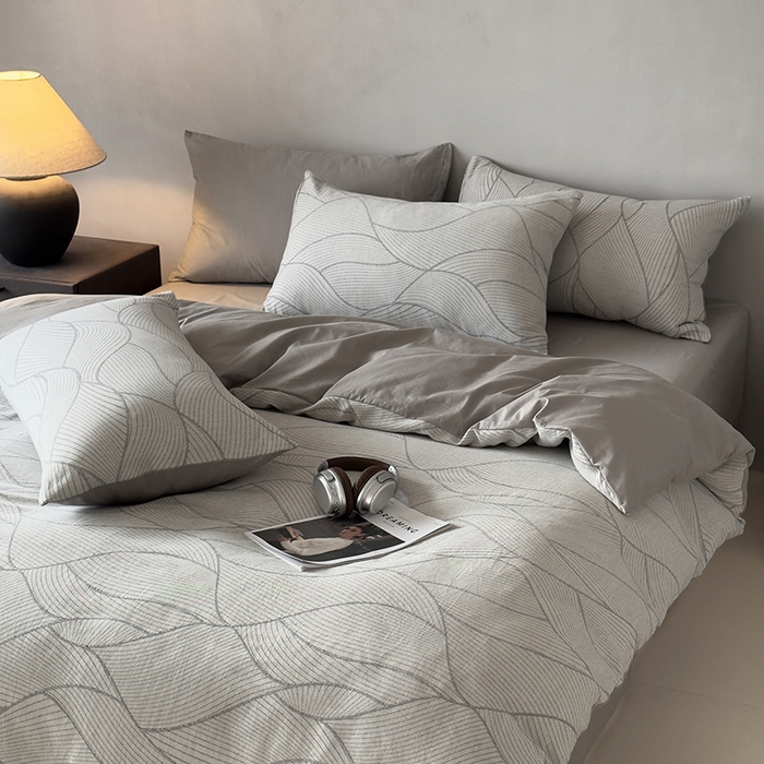 91家纺网 家纺一手货源 找家纺 琪格格纺织 2025新款全棉纯棉双层纱提花四件套 双层纱-雾切-灰