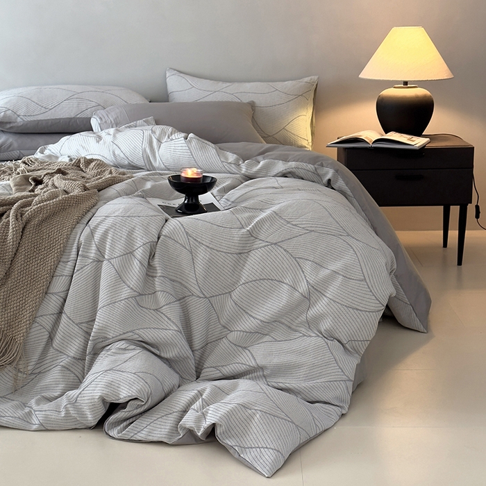 91家纺网 家纺一手货源 找家纺 琪格格纺织 2025新款全棉纯棉双层纱提花四件套 双层纱-雾切-灰