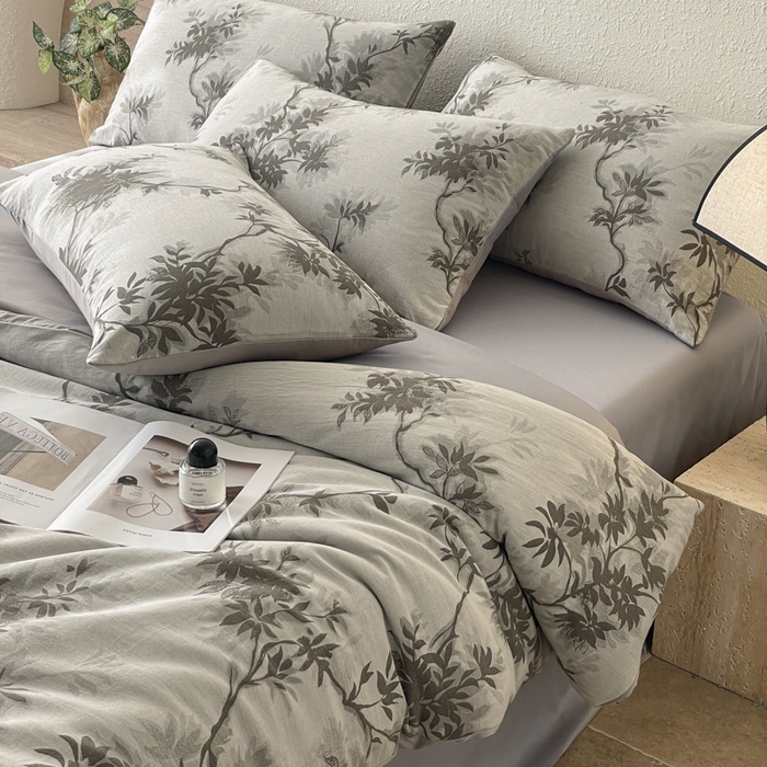 91家纺网 家纺一手货源 找家纺 琪格格纺织 2025新款全棉纯棉双层纱提花四件套 双层纱-南枝灰