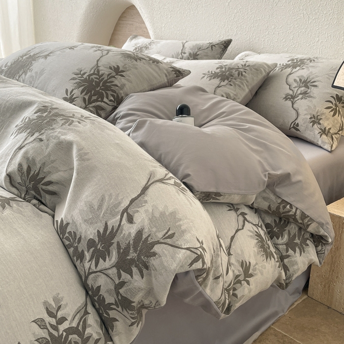 91家纺网 家纺一手货源 找家纺 琪格格纺织 2025新款全棉纯棉双层纱提花四件套 双层纱-南枝灰