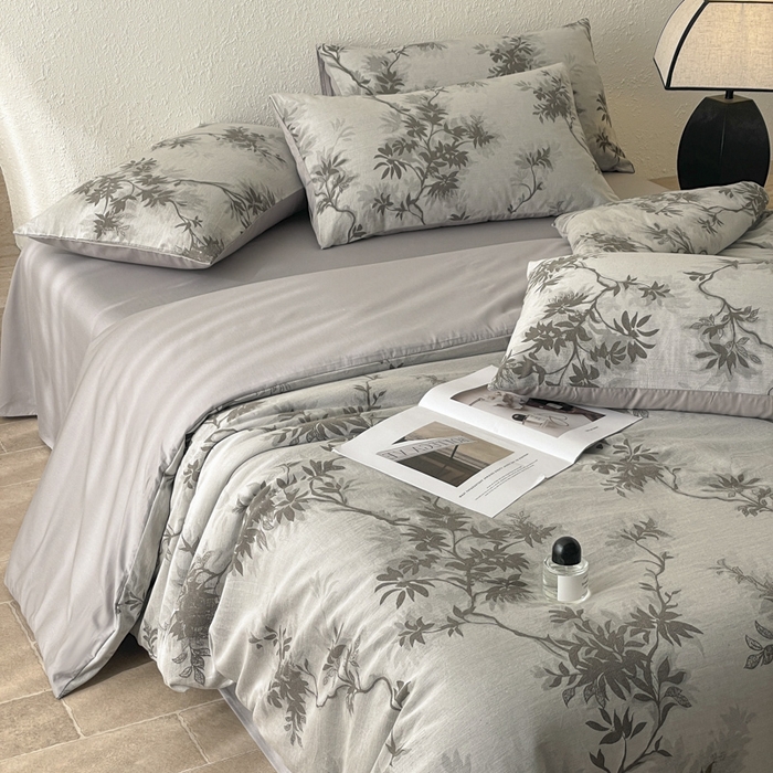 91家纺网 家纺一手货源 找家纺 琪格格纺织 2025新款全棉纯棉双层纱提花四件套 双层纱-南枝灰