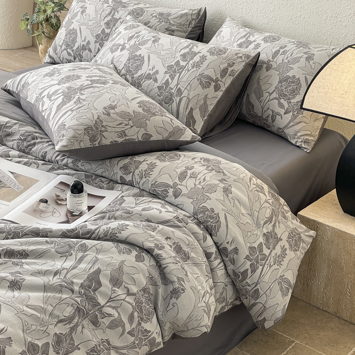 91家纺网 家纺一手货源 找家纺 琪格格纺织 2025新款全棉纯棉双层纱提花四件套 双层纱-洛丽塔灰